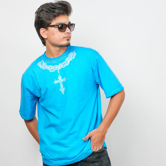Cyan Printed - 240 GSM Drop Shoulder Unisex Tee (Dyed Washed)