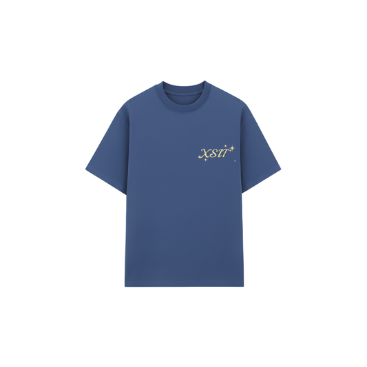 Blue t-shirt with a logo on a white background