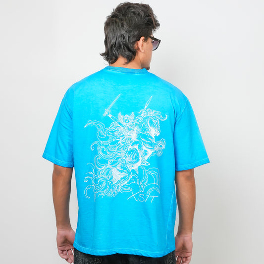 Cyan Printed - 240 GSM Drop Shoulder Unisex Tee (Dyed Washed)