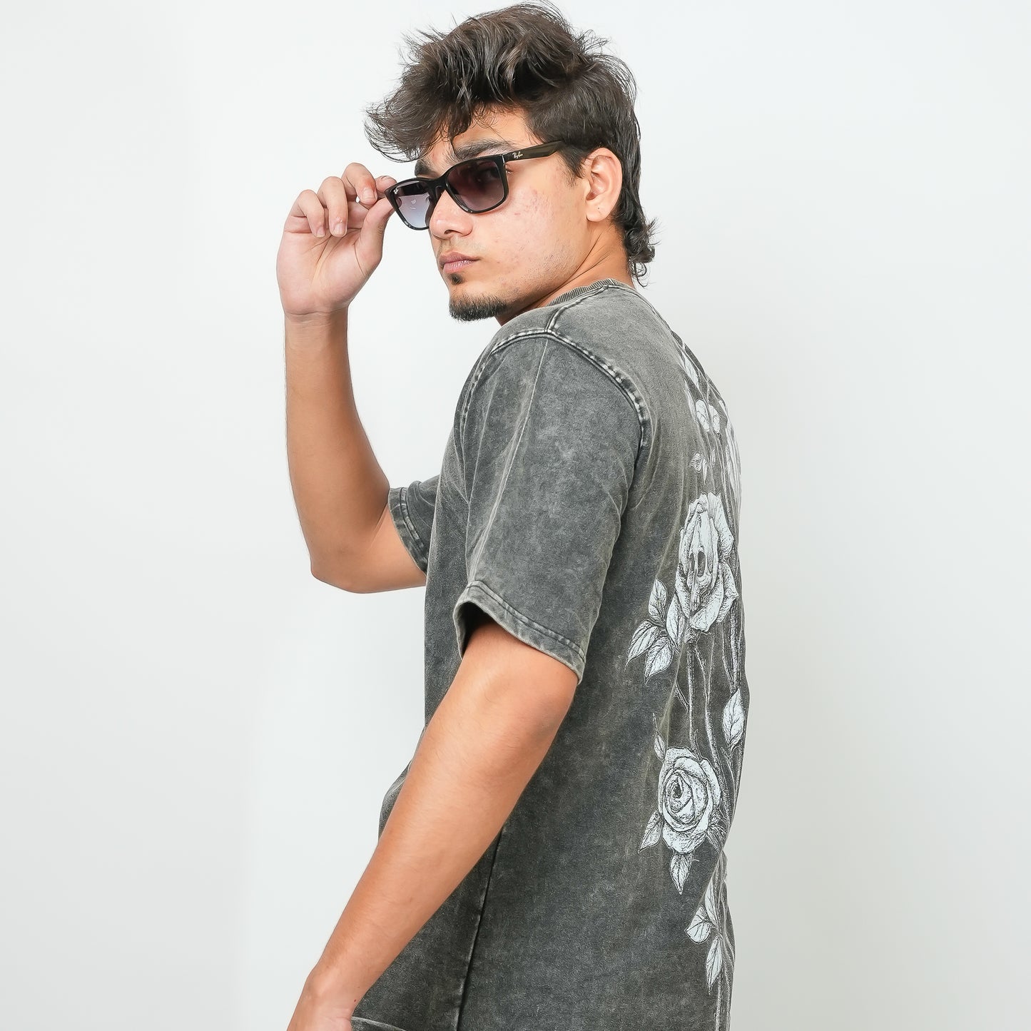 Skull & Roses  - 240 GSM Grey Drop Shoulder Unisex Tee (Dyed Washed)