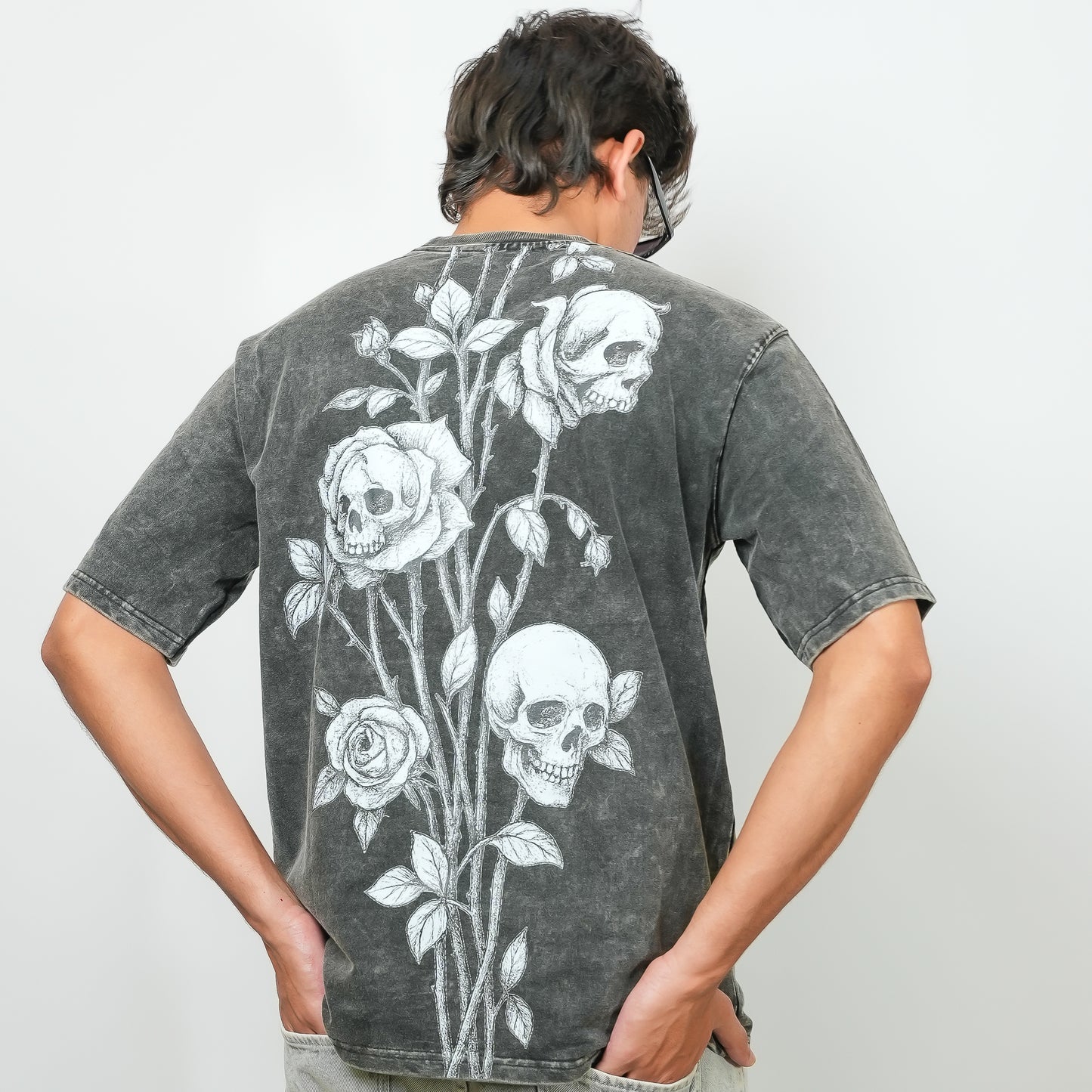 Skull & Roses  - 240 GSM Grey Drop Shoulder Unisex Tee (Dyed Washed)