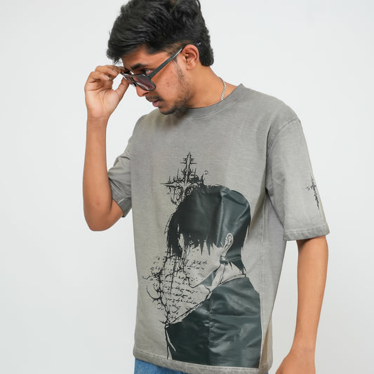 Grey Gothic Anime - 240 GSM Drop Shoulder Unisex Tee (Dyed Washed)