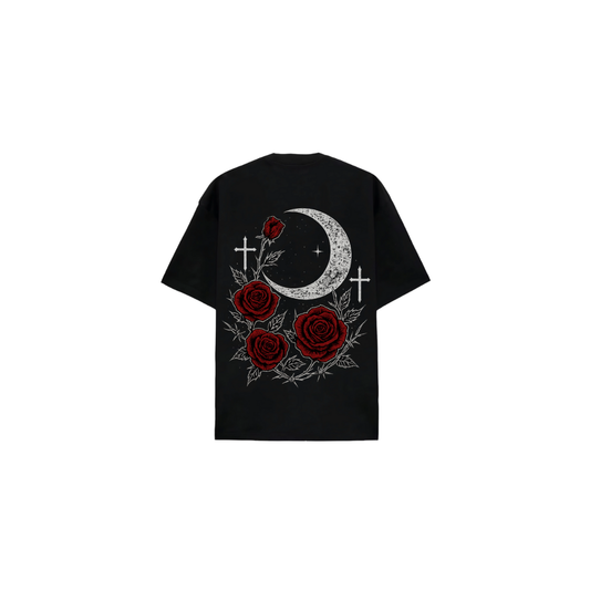 Gothic Moon Rose Oversized T-Shirt | Luxurious Drop Shoulder Tee