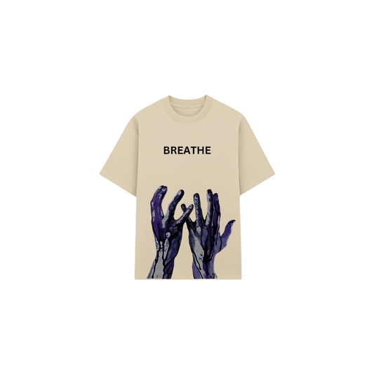 Beige Gothic Cross T-Shirt - Oversized Chain Graphic Drop Shoulder Tee